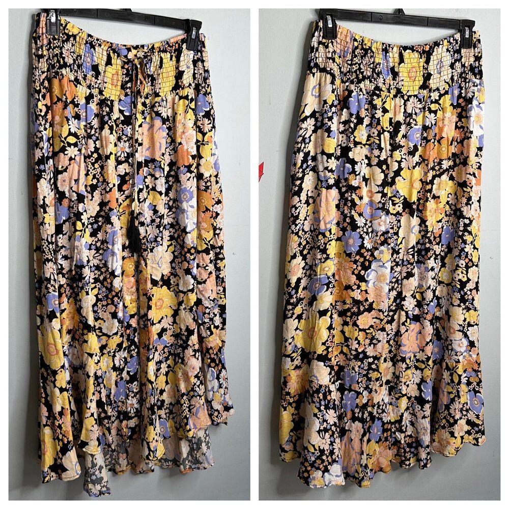 Ava Christine Boho Night Floral Ruffle Hi-Lo Skirt with Smocked Waist Size XL